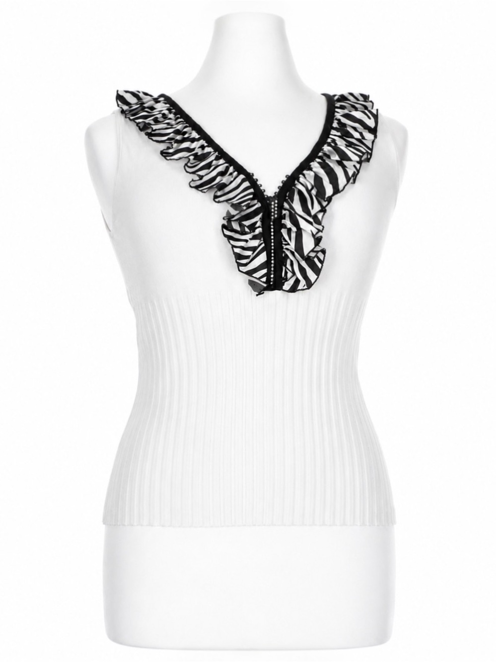 White Ribbed Knit Tank Top Zebra Ruffle Trim Stretch Sleeveless Y2K
